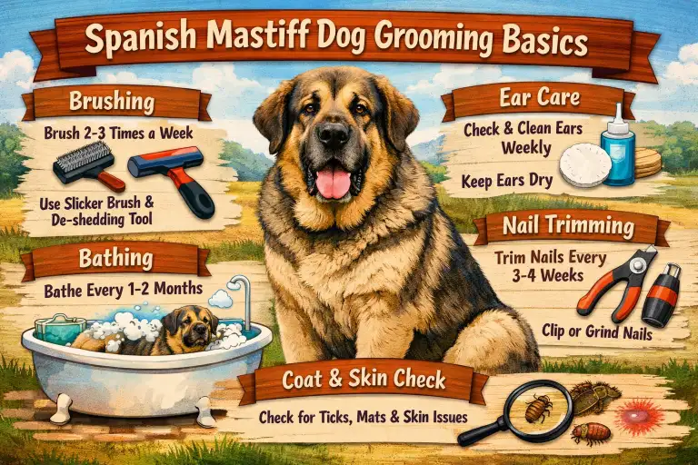 Spanish Mastiff being brushed, highlighting its short coat and loose skin folds