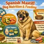 Large Spanish Mastiff resting after feeding, showing heavy build and relaxed temperament