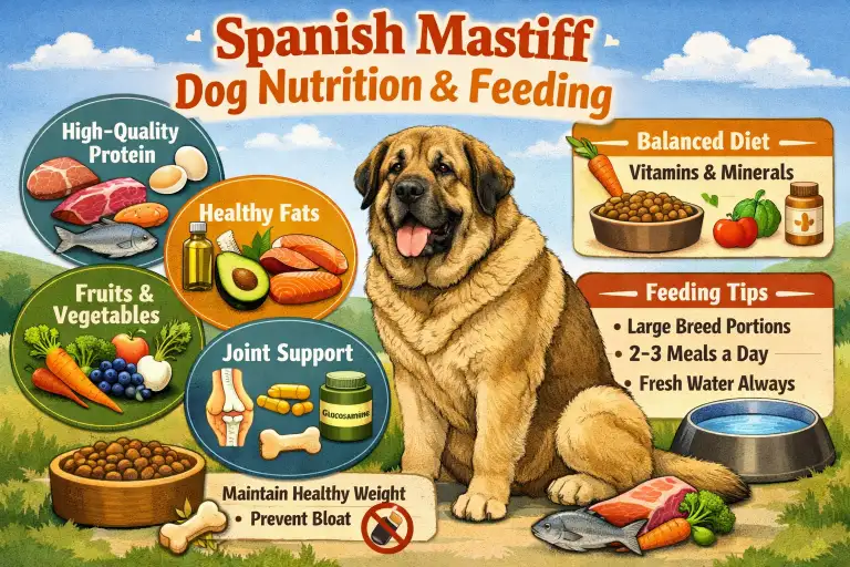 Large Spanish Mastiff resting after feeding, showing heavy build and relaxed temperament