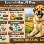 : Adult Spanish Mastiff standing on farmland, emphasizing its size and livestock guardian role