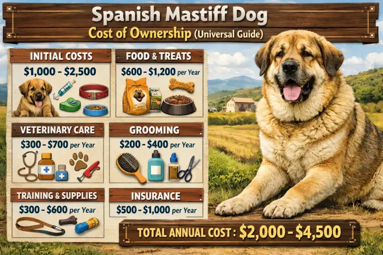 : Adult Spanish Mastiff standing on farmland, emphasizing its size and livestock guardian role