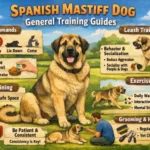Spanish Mastiff walking beside its owner during controlled leash training outdoors