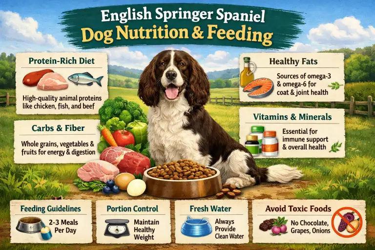 English Springer Spaniel eating from a food bowl after activity, representing nutrition for an active sporting breed
