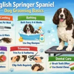 : English Springer Spaniel being groomed, focusing on feathered ears, legs, and regular coat maintenance