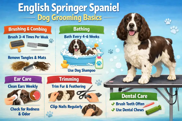 : English Springer Spaniel being groomed, focusing on feathered ears, legs, and regular coat maintenance