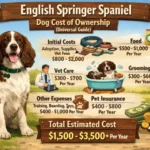 English Springer Spaniel resting indoors with grooming tools and supplies nearby, reflecting long-term care and ownership costs