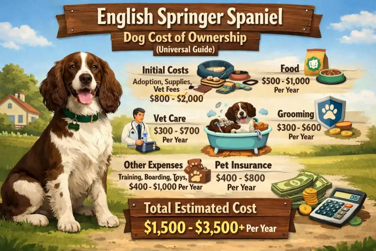 English Springer Spaniel resting indoors with grooming tools and supplies nearby, reflecting long-term care and ownership costs