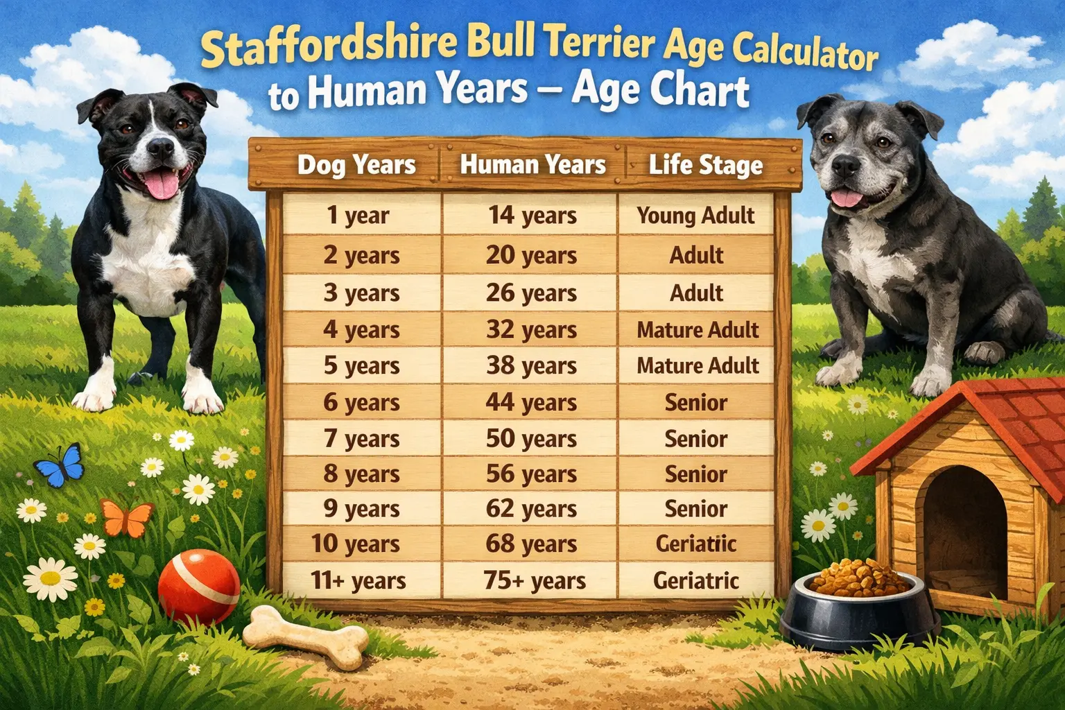Staffordshire Bull Terrier sitting on grass, showing adult medium-sized muscular build