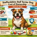 Adult Staffordshire Bull Terrier sitting on grass, showing muscular build and short coat, representing ownership costs