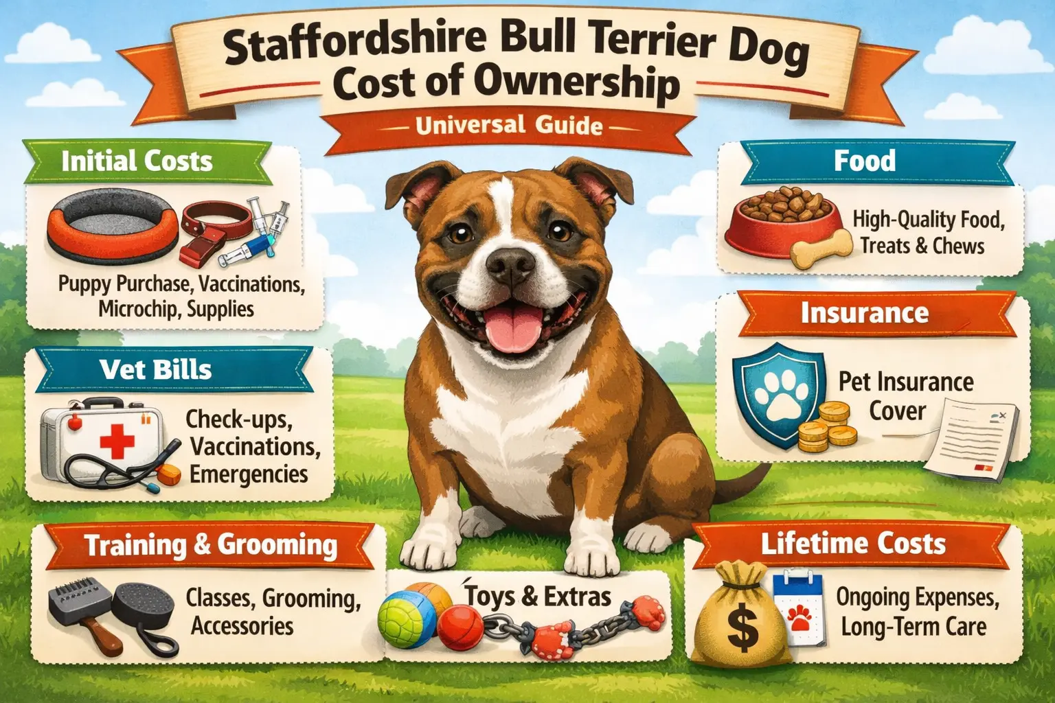 Adult Staffordshire Bull Terrier sitting on grass, showing muscular build and short coat, representing ownership costs
