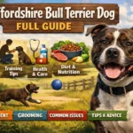 Adult Staffordshire Bull Terrier standing on grass, showing muscular build, short smooth coat, and alert expression