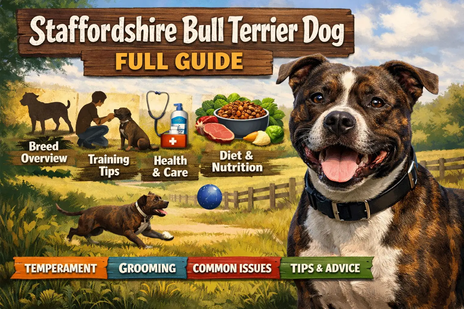 Adult Staffordshire Bull Terrier standing on grass, showing muscular build, short smooth coat, and alert expression