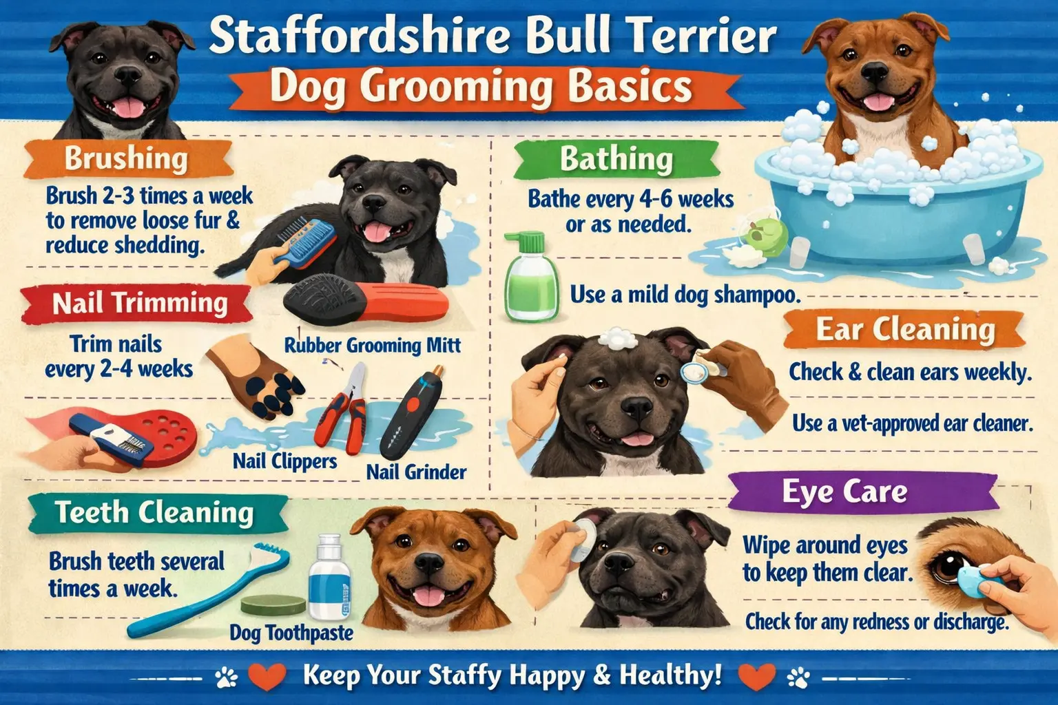 Adult Staffordshire Bull Terrier with short smooth coat being brushed at home