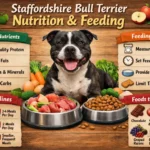 Adult Staffordshire Bull Terrier eating a balanced meal from a bowl, illustrating proper nutrition and feeding