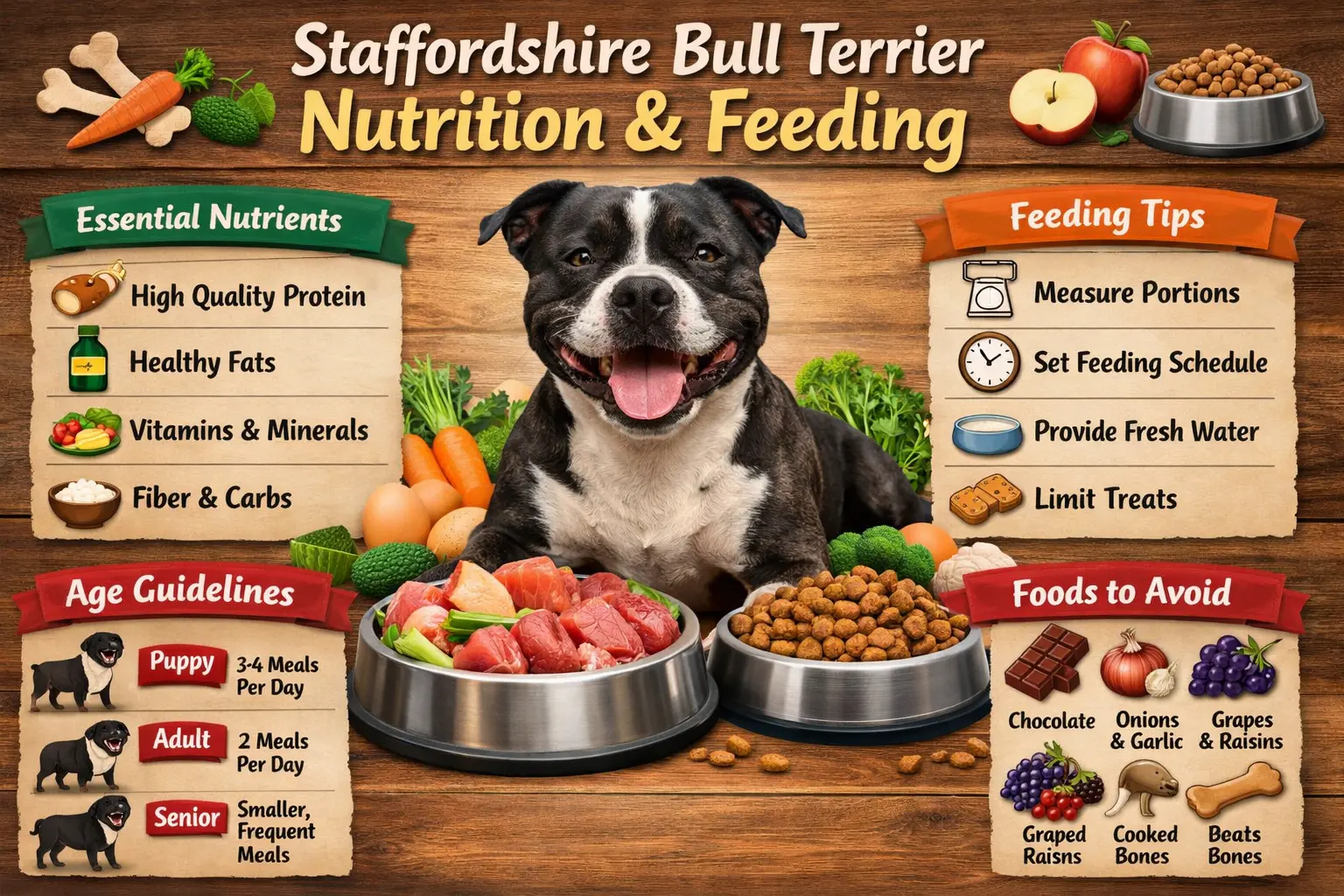 Adult Staffordshire Bull Terrier eating a balanced meal from a bowl, illustrating proper nutrition and feeding