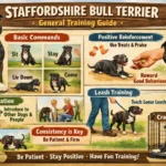 Adult Staffordshire Bull Terrier standing calmly during a training session in a backyard