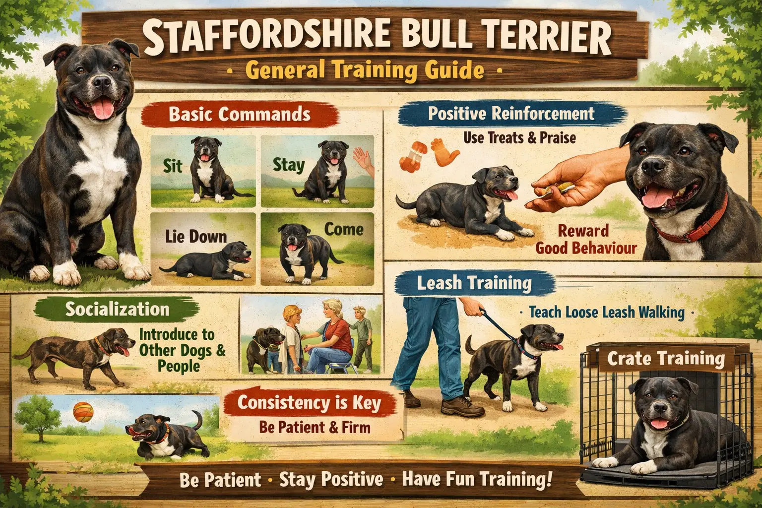 Adult Staffordshire Bull Terrier standing calmly during a training session in a backyard
