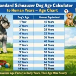 Standard Schnauzer shown as a puppy, adult, and senior dog to illustrate age stages for dog-to-human year comparison