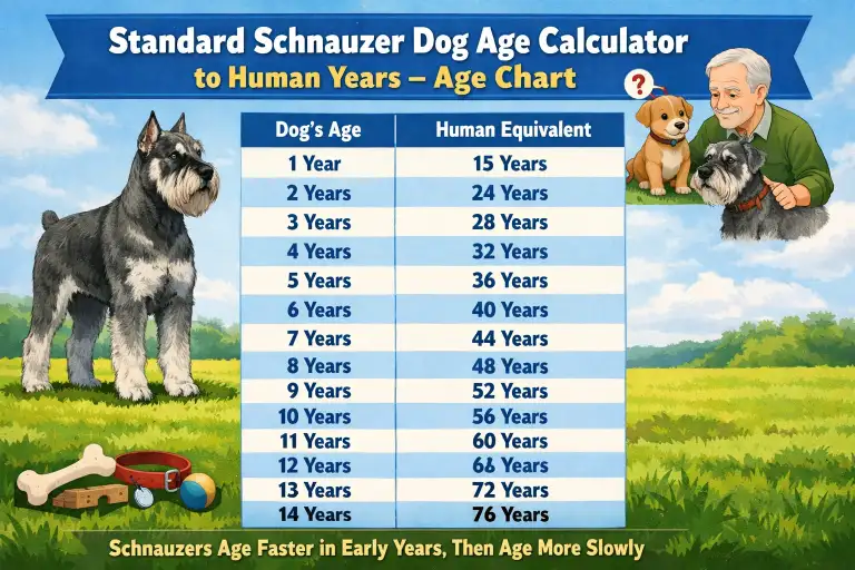 Standard Schnauzer shown as a puppy, adult, and senior dog to illustrate age stages for dog-to-human year comparison
