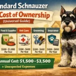 Standard Schnauzer dog with grooming tools, food bags, and training equipment nearby, representing long-term cost of ownership