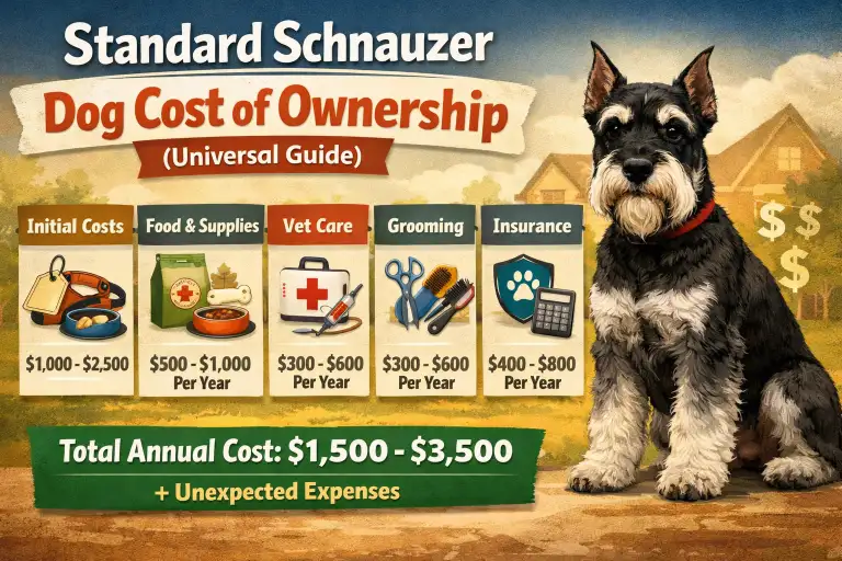 Standard Schnauzer dog with grooming tools, food bags, and training equipment nearby, representing long-term cost of ownership