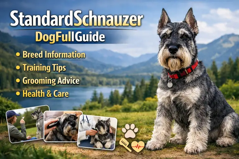 Adult Standard Schnauzer with a salt and pepper wiry coat standing confidently, showing square build, beard, and expressive eyebrows