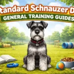 Standard Schnauzer dog practicing obedience training outdoors, showing alert posture, intelligence, and responsiveness