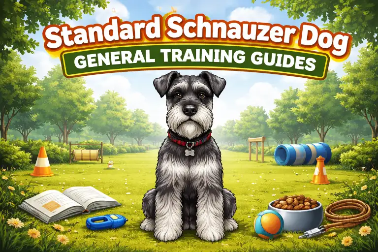 Standard Schnauzer dog practicing obedience training outdoors, showing alert posture, intelligence, and responsiveness