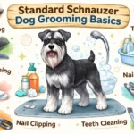 Standard Schnauzer dog being hand-stripped and brushed, highlighting wiry coat texture, beard care, and grooming needs