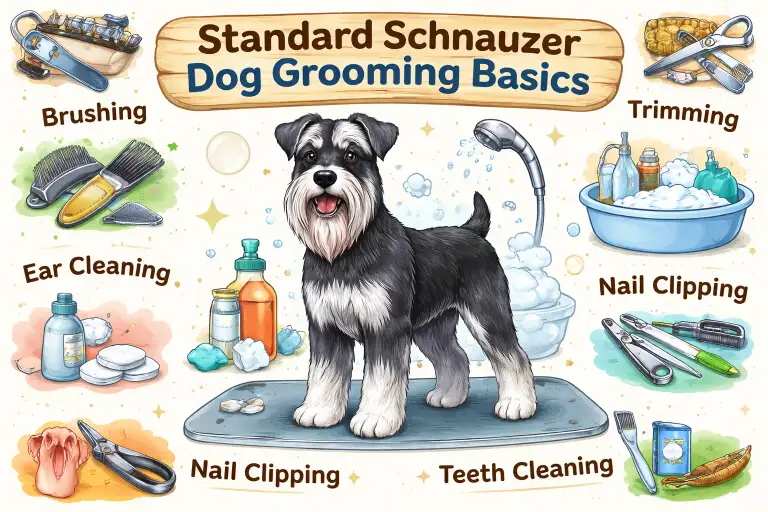 Standard Schnauzer dog being hand-stripped and brushed, highlighting wiry coat texture, beard care, and grooming needs