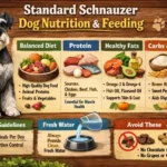Standard Schnauzer dog eating measured dry food from a bowl, showing balanced nutrition and healthy body condition