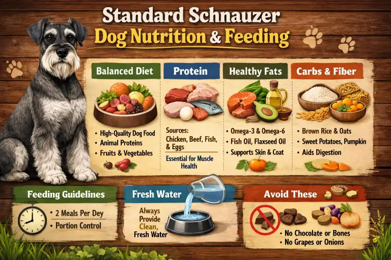 Standard Schnauzer dog eating measured dry food from a bowl, showing balanced nutrition and healthy body condition
