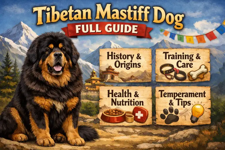 Adult Tibetan Mastiff standing outdoors with a thick double coat, powerful build, and lion-like mane