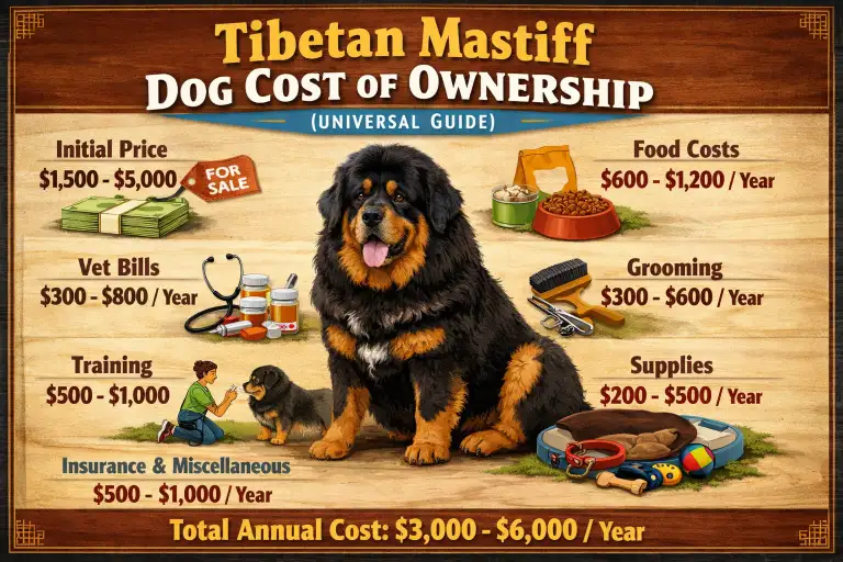 Full-grown Tibetan Mastiff standing in a rural environment highlighting its large size and guardian nature