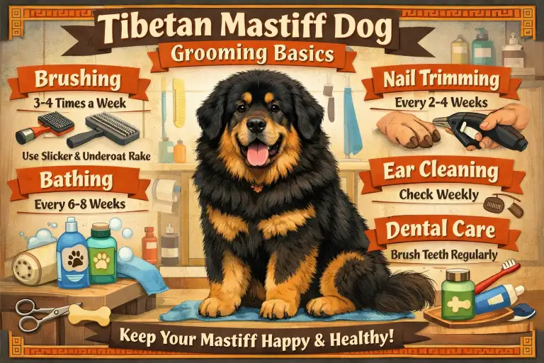 Tibetan Mastiff with dense double coat being brushed to manage shedding and coat maintenance