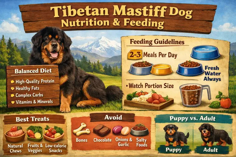 Large Tibetan Mastiff resting near a food bowl, showing strong build and thick protective coat