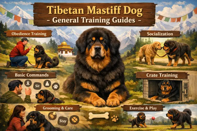 Tibetan Mastiff calmly observing its owner during basic obedience training in an open outdoor setting
