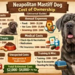 Neapolitan Mastiff dog with owner highlighting expenses related to food, care, and veterinary needs