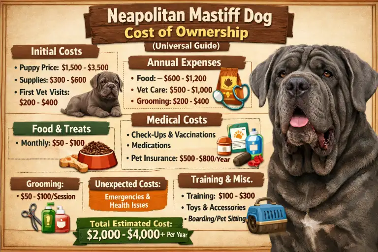 Neapolitan Mastiff dog with owner highlighting expenses related to food, care, and veterinary needs