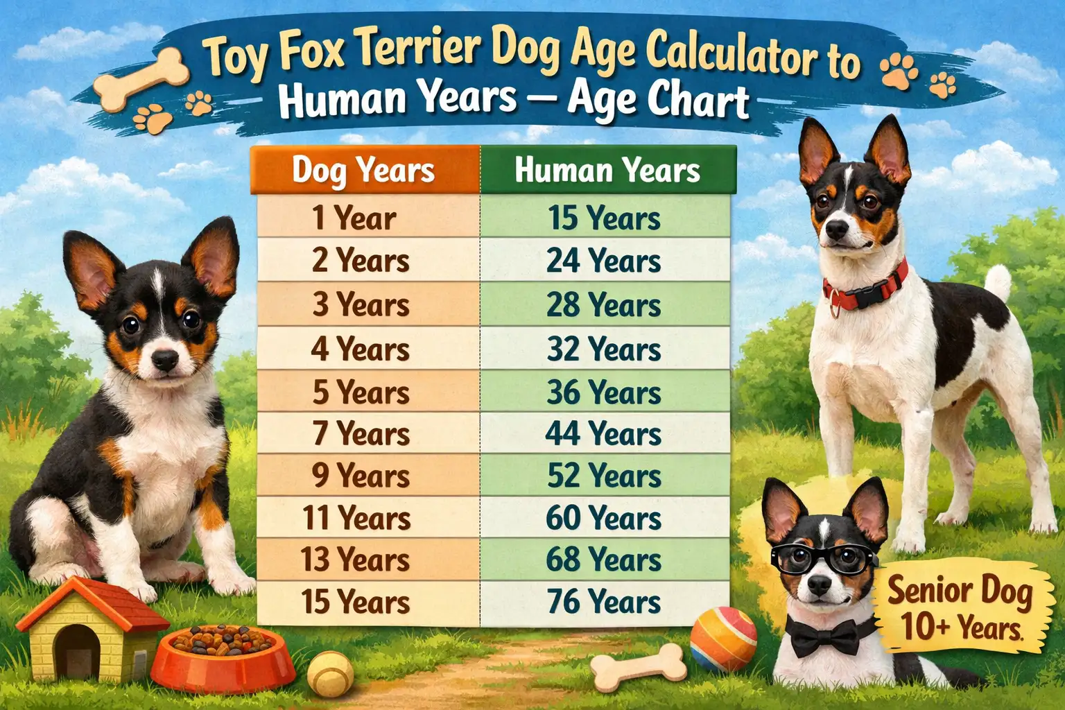 Toy Fox Terrier age in human years chart showing dog years, human age equivalents, and life stages