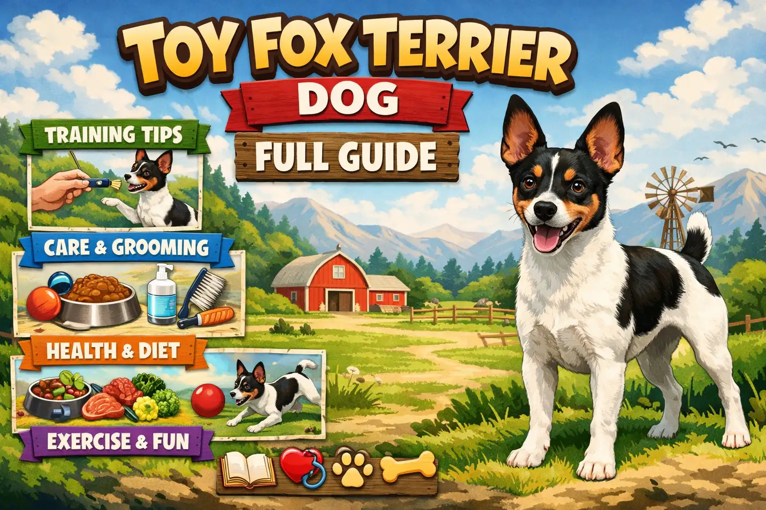 Toy Fox Terrier dog standing alert with upright ears, short smooth coat, and small athletic build