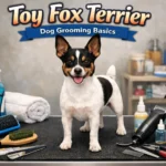 Toy Fox Terrier grooming guide showing a small smooth-coated dog with a shiny coat, clean nails, and healthy skin