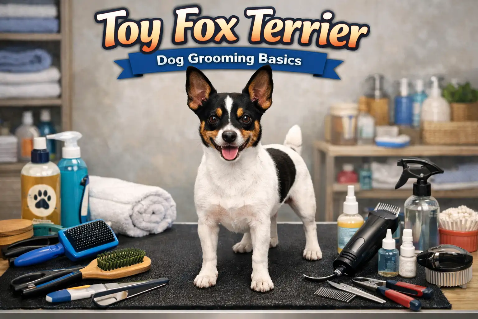 Toy Fox Terrier grooming guide showing a small smooth-coated dog with a shiny coat, clean nails, and healthy skin