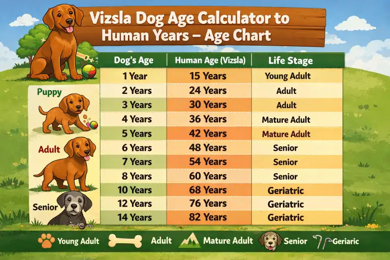 Vizsla Dog Age Calculator to Human Years Age Chart