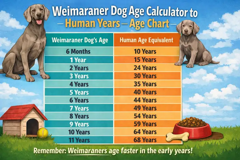 Weimaraner puppy and adult dog side by side, illustrating growth stages and size changes from young puppy to mature adult