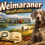 Adult Weimaraner dog with a sleek silver-gray coat and athletic build standing outdoors, showing the breed’s short coat, long ears, and alert expression