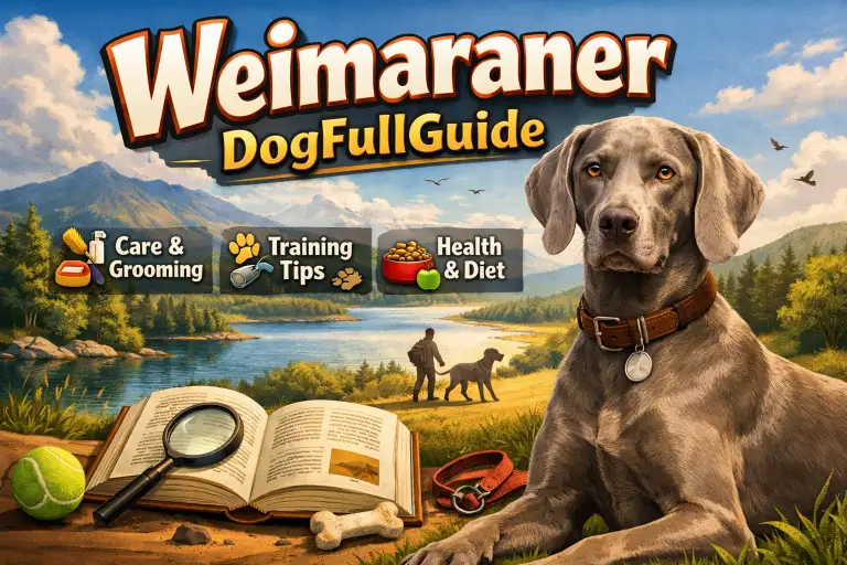 Adult Weimaraner dog with a sleek silver-gray coat and athletic build standing outdoors, showing the breed’s short coat, long ears, and alert expression
