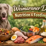 Adult Weimaraner dog eating from a bowl at home, reflecting proper nutrition for a large, active sporting breed