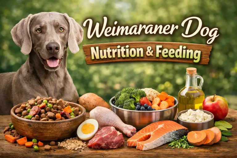 Adult Weimaraner dog eating from a bowl at home, reflecting proper nutrition for a large, active sporting breed