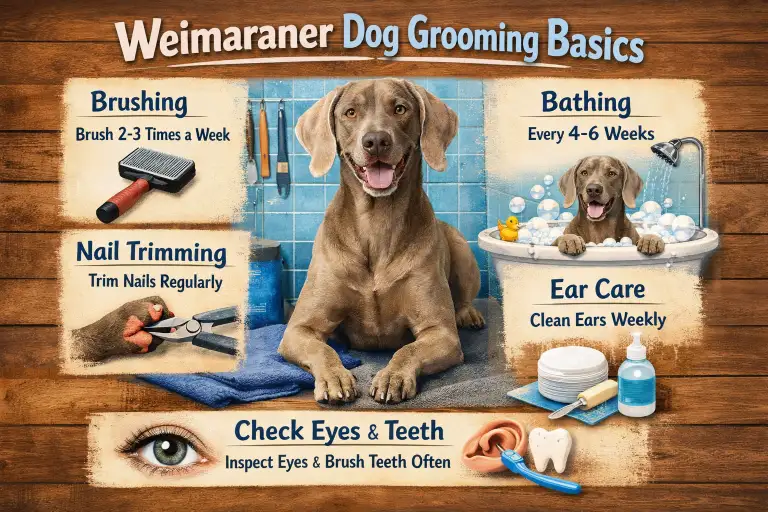 Close-up of a Weimaraner’s short, smooth gray coat being brushed, showing minimal shedding and easy grooming needs